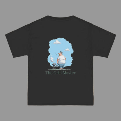 Black t-shirt with a graphic of a man grilling and the text 'The Grill Master' on a white background