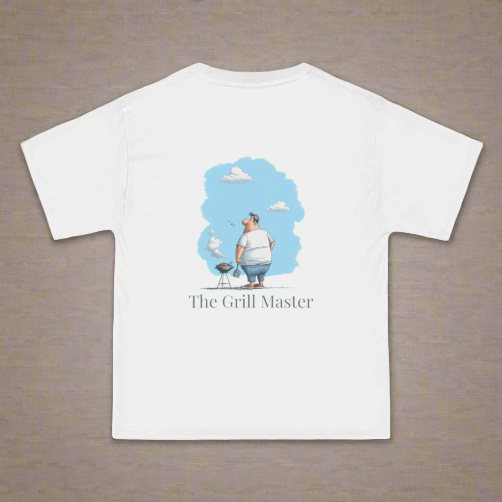 White t-shirt with a graphic of a man grilling and the text 'The Grill Master' on a white background