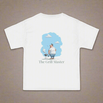 White t-shirt with a graphic of a man grilling and the text 'The Grill Master' on a white background