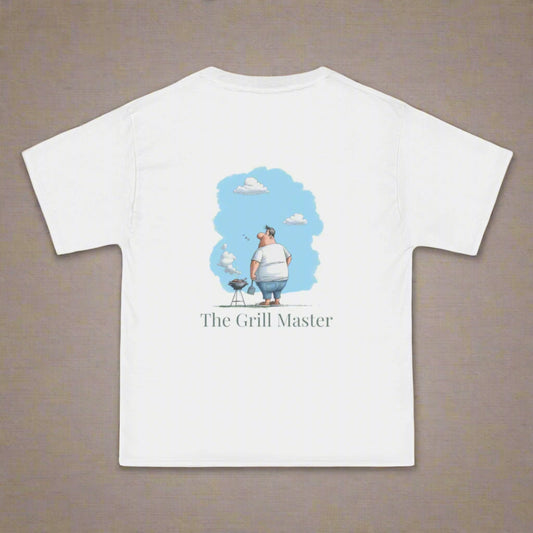 White t-shirt with a graphic of a man grilling and the text 'The Grill Master' on a white background