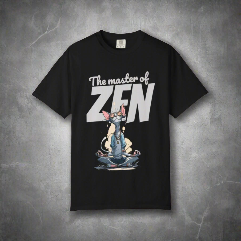 Black t-shirt with 'The master of ZEN' graphic design on a brown background
