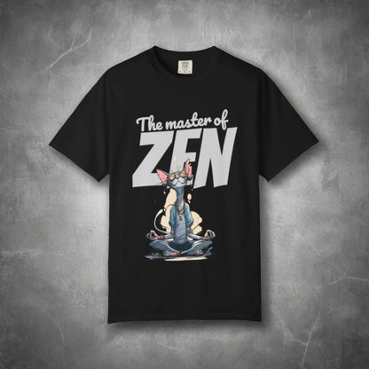 Black t-shirt with 'The master of ZEN' graphic design on a brown background