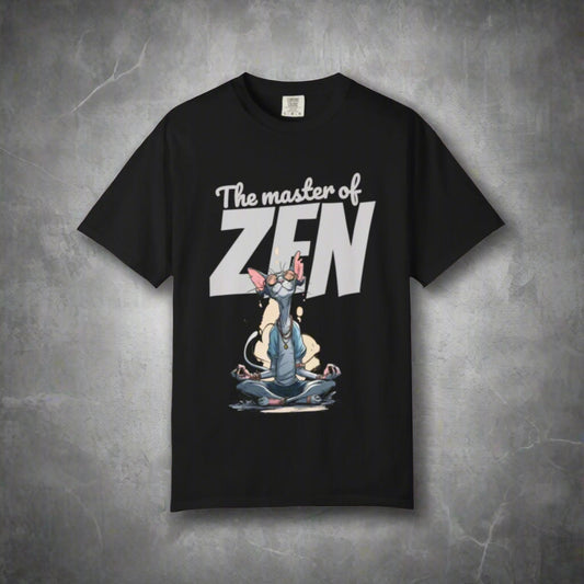 Black t-shirt with 'The master of ZEN' graphic design on a brown background