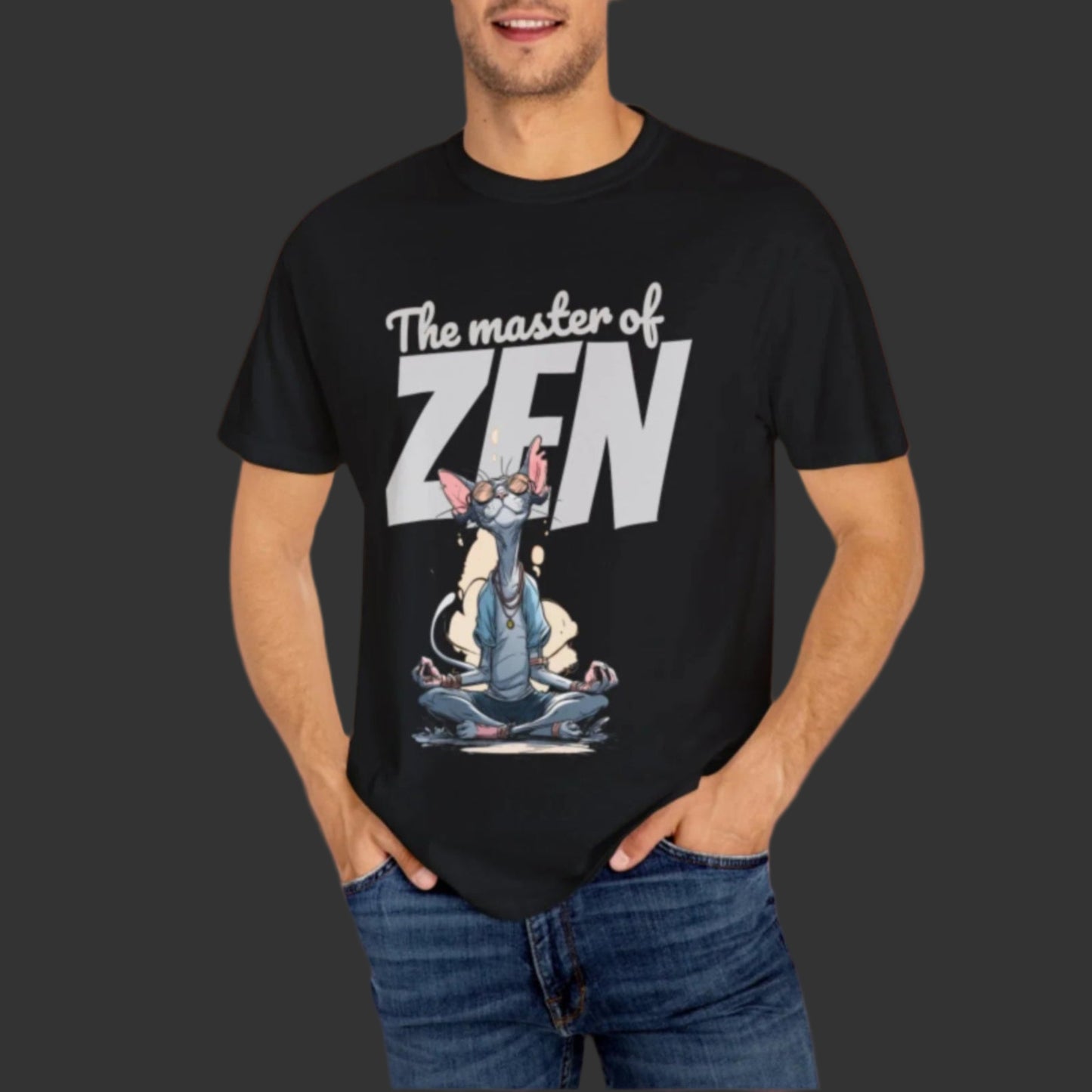 Man wearing a black t-shirt with 'The master of ZEN' design on a brown background