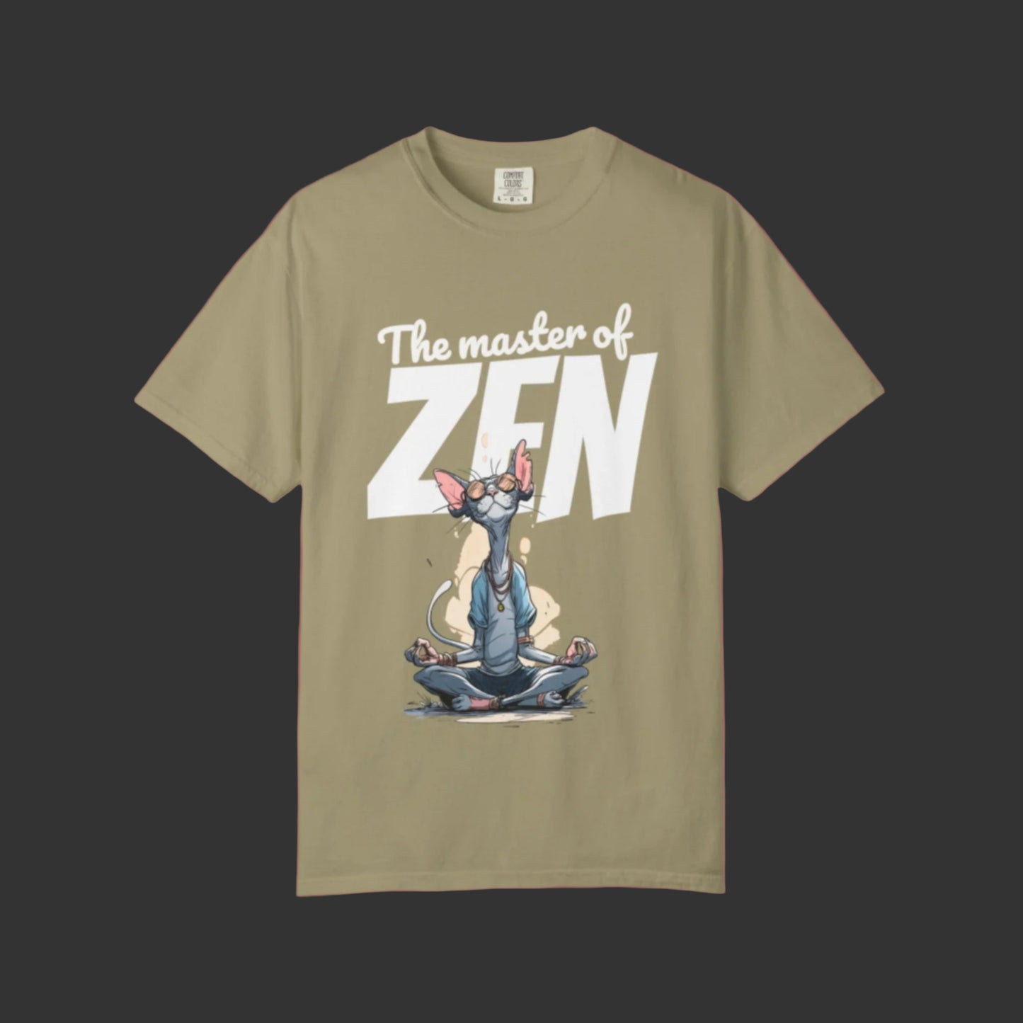 Khaki t-shirt with a graphic of a cat meditating and 'The master of ZEN' text on a white background