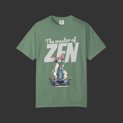 Green t-shirt with a cat in a meditative pose and 'The master of ZEN' text on a white background