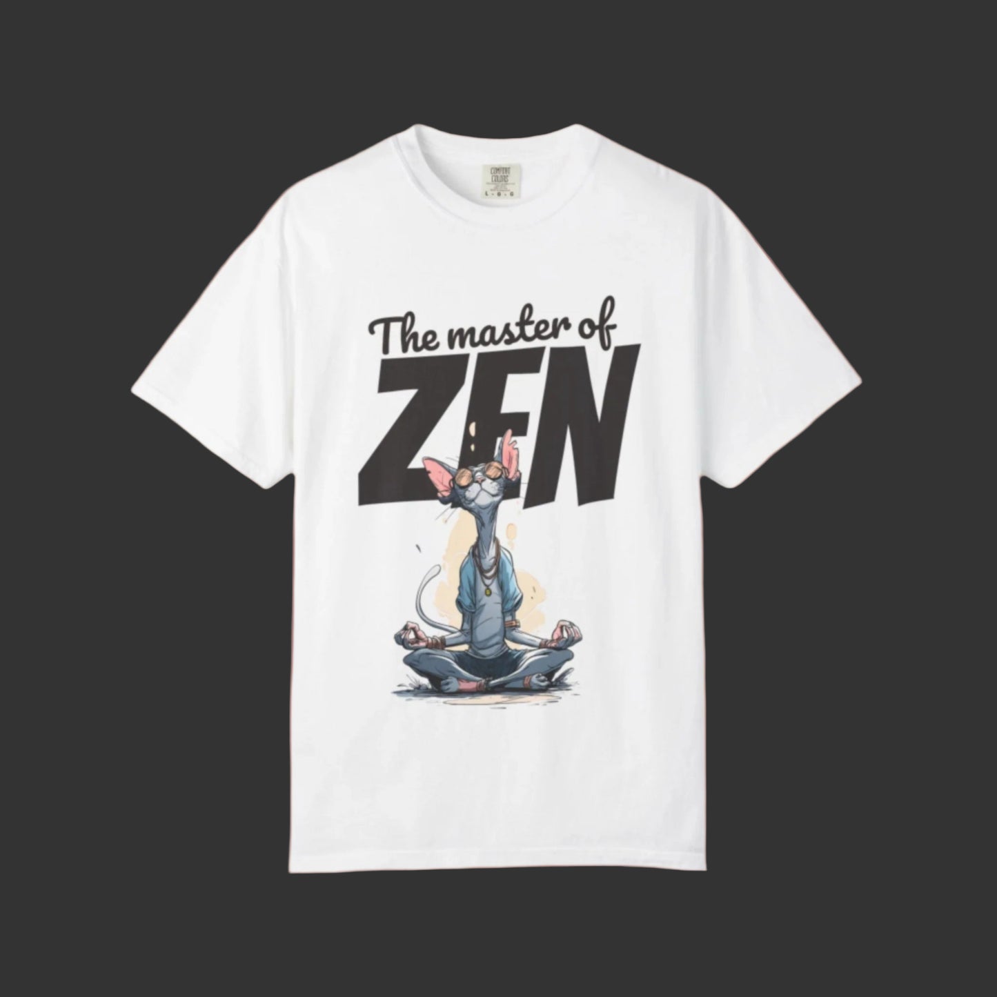 White t-shirt with 'The master of ZEN' design on a beige background
