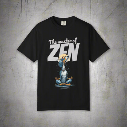 Black t-shirt with 'The master of ZEN' text and cartoon character on a white background