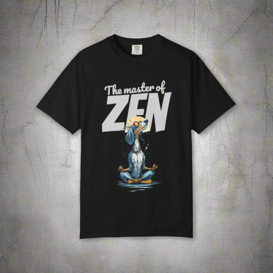 Black t-shirt with 'The master of ZEN' text and cartoon character on a white background