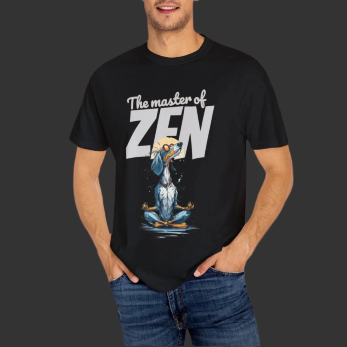 Man wearing a black t-shirt with 'The master of ZEN' design on a white background