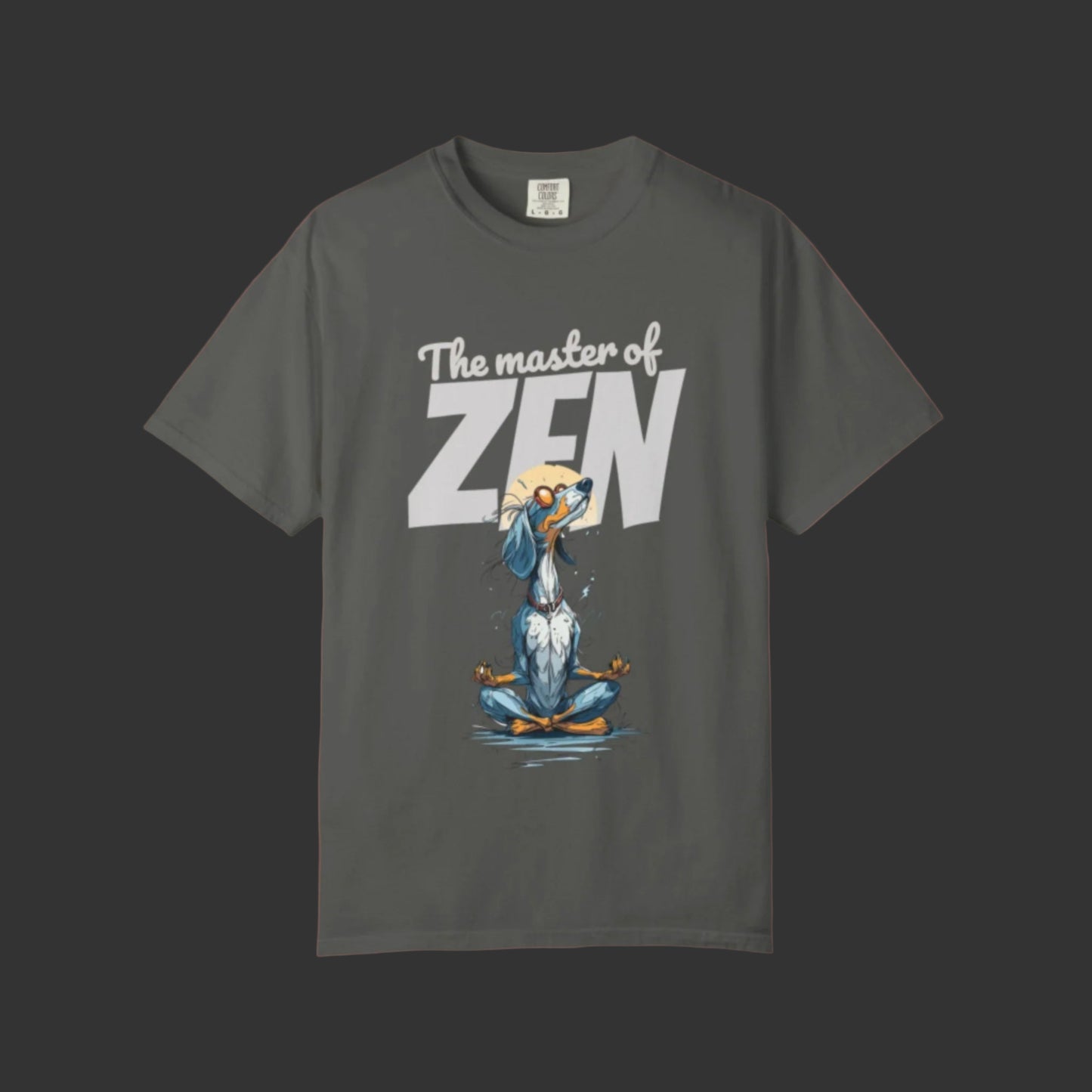 Gray t-shirt with cartoon character and 'The master of ZEN' text on a white background