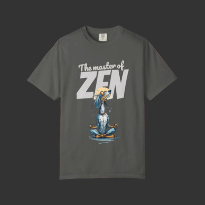 Gray t-shirt with cartoon character and 'The master of ZEN' text on a white background