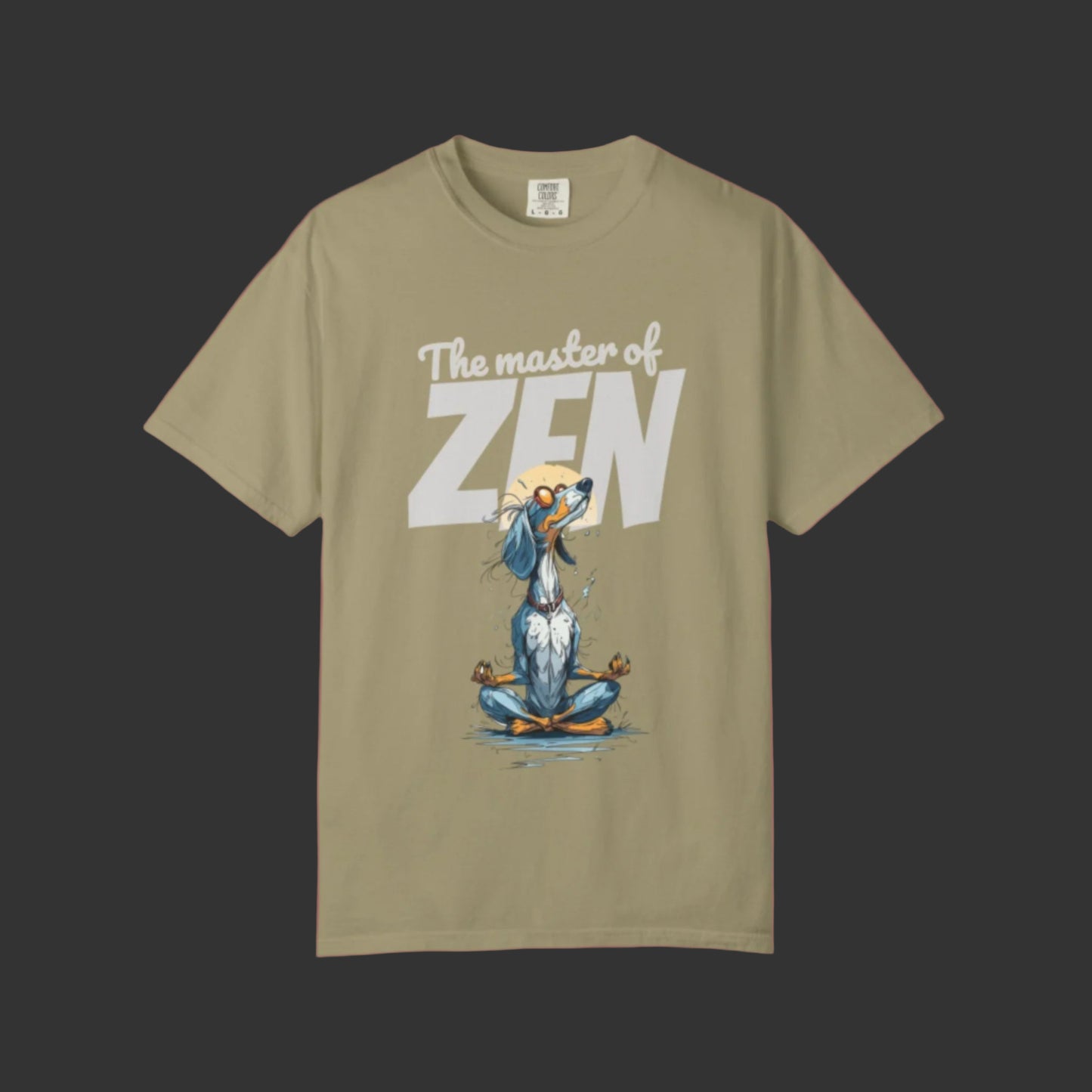 Khaki t-shirt with a dog illustration and 'The master of ZEN' text on a white background