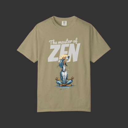 Khaki t-shirt with a dog illustration and 'The master of ZEN' text on a white background