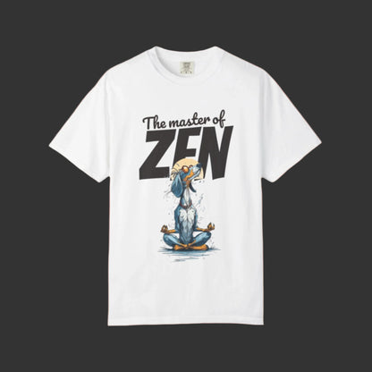 White t-shirt with 'The master of ZEN' graphic design on a white background