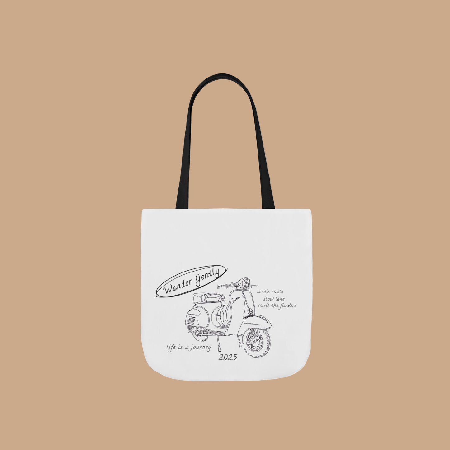 White tote bag with black scooter design and text on a white background