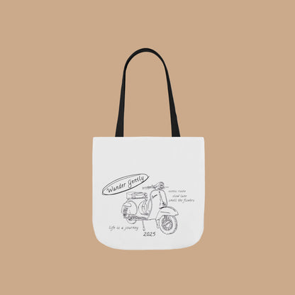 White tote bag with black scooter design and text on a white background