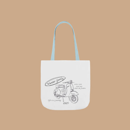 White tote bag with scooter design and text on a white background