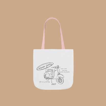 White tote bag with scooter designPand text on a white background