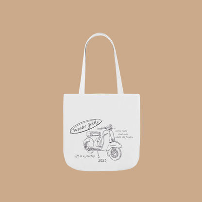 White tote bag with scooter design and text on a white background