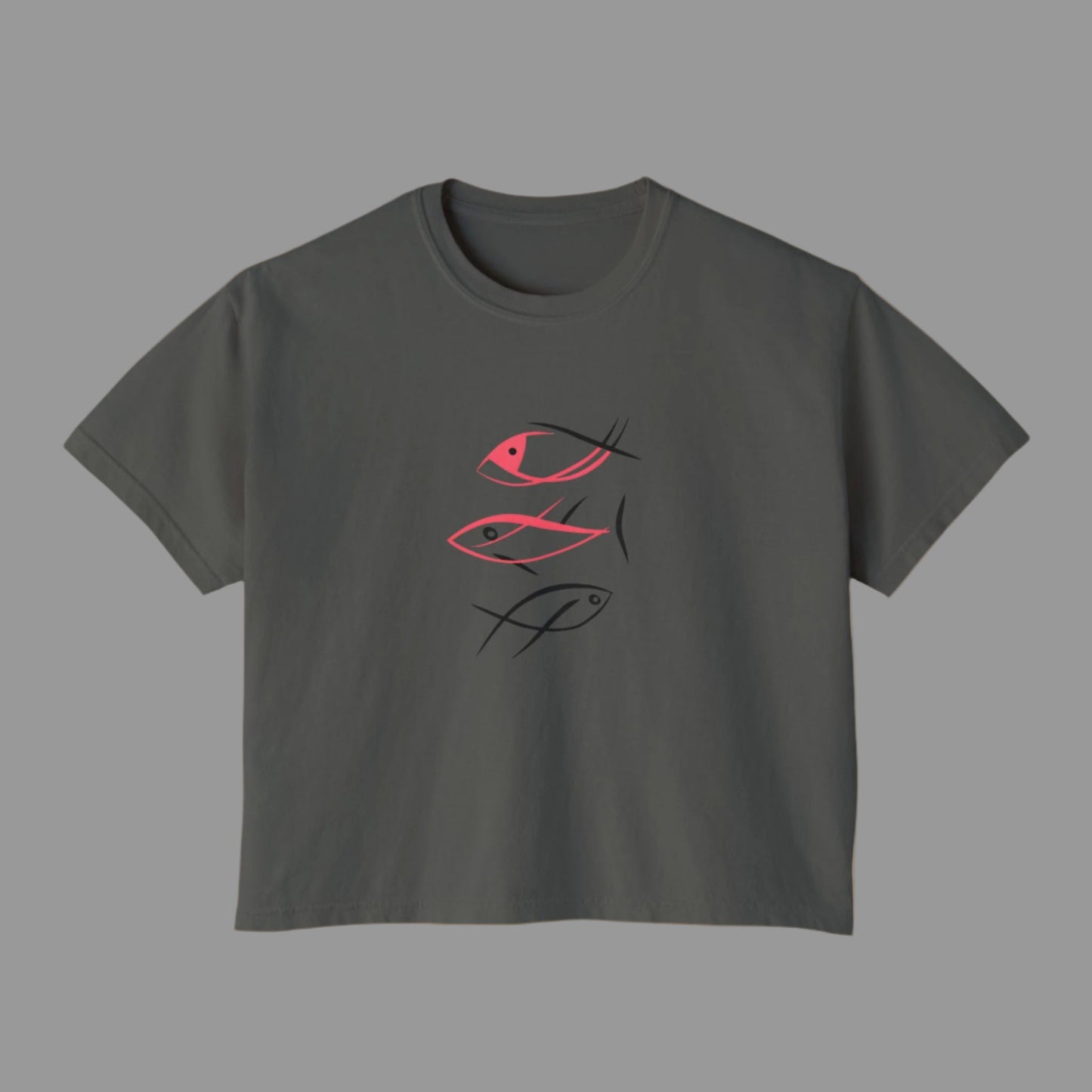 Gray t-shirt with red and black fish illustrations on a white background