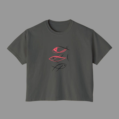 Gray t-shirt with red and black fish illustrations on a white background