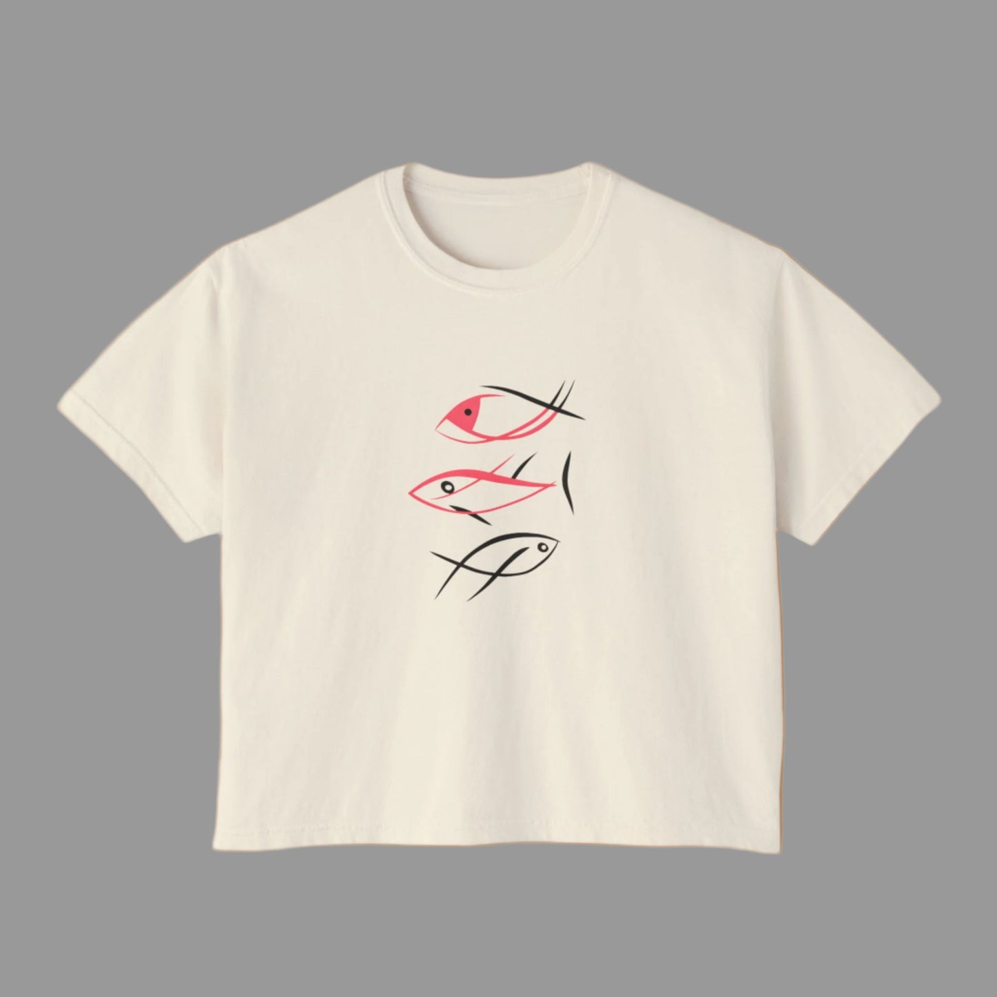 Beige t-shirt with fish illustrations on a white background