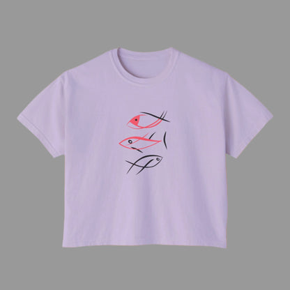 Lavender t-shirt with abstract fish design on a white background