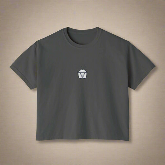 Dark gray t-shirt with a small white logo on a white background