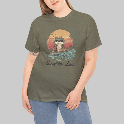 Person wearing a green t-shirt with a graphic design on a white background