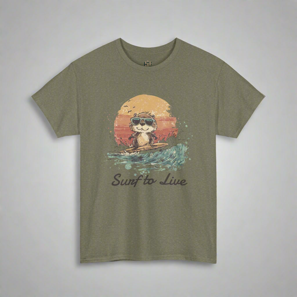 Olive green t-shirt with a graphic of a cat surfing and 'Surf to Live' text on a white background