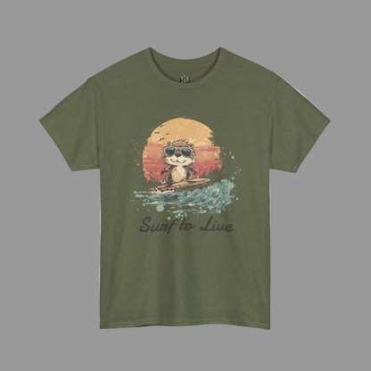 Green t-shirt with a graphic of a cat surfing and 'Surf to Live' text on a white background