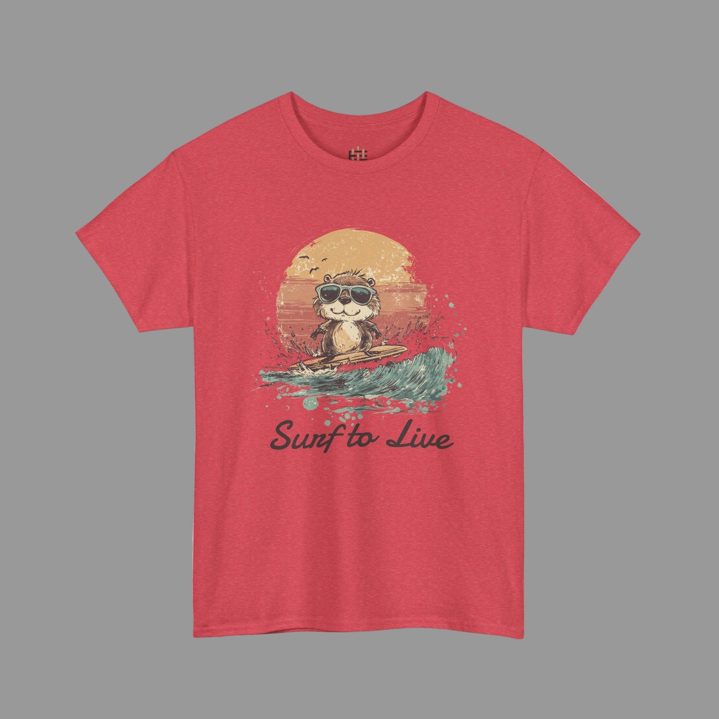Red t-shirt with a graphic of a cat surfing and 'Surf to Live' text on a white background