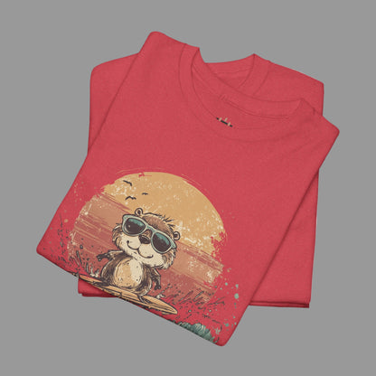 Folded red t-shirt with a graphic of a monkey wearing sunglasses and a hat on a sunset background.