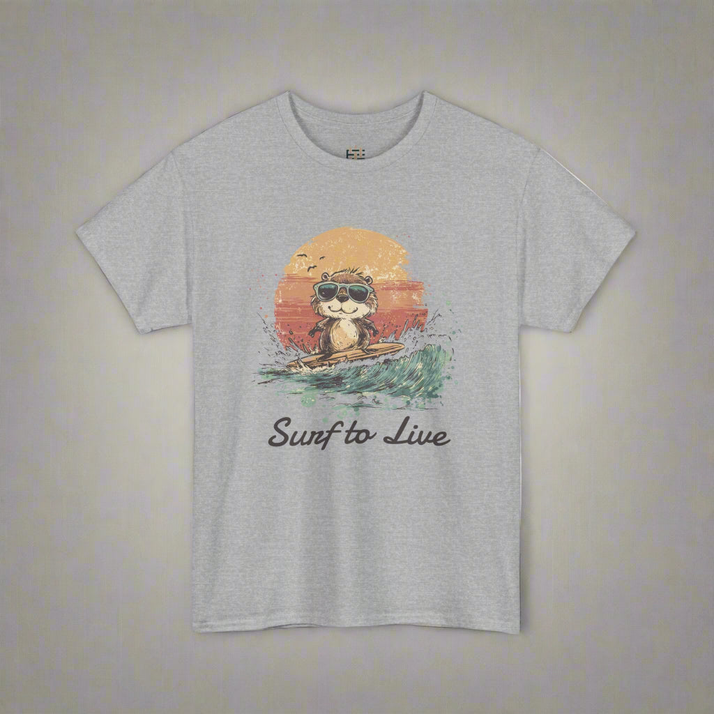 Gray t-shirt with a graphic of a sloth surfing and 'Surf to Live' text on a white background