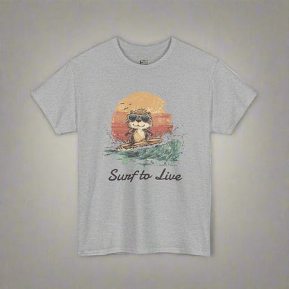 Gray t-shirt with a graphic of a sloth surfing and 'Surf to Live' text on a white background