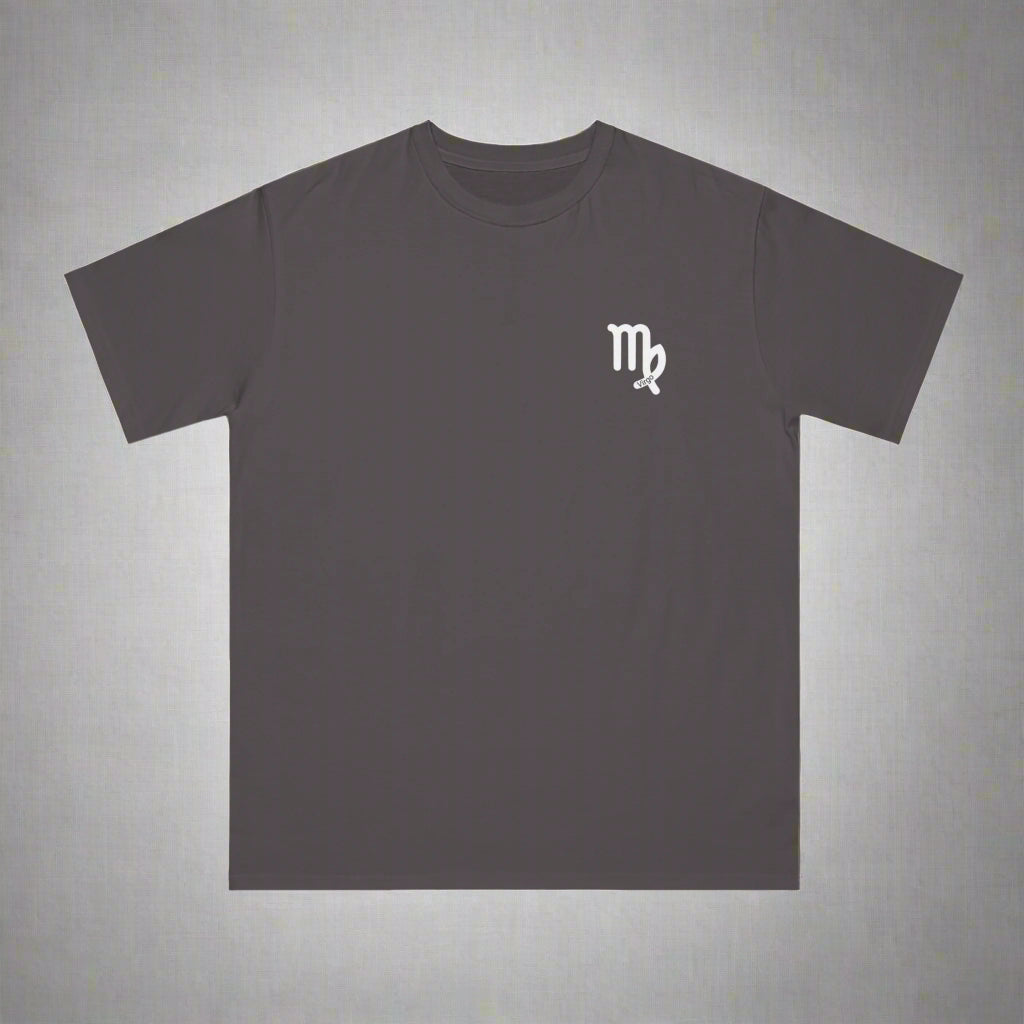 Dark gray t-shirt with a white logo on a white background