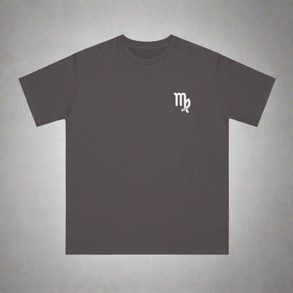 Dark gray t-shirt with a white logo on a white background