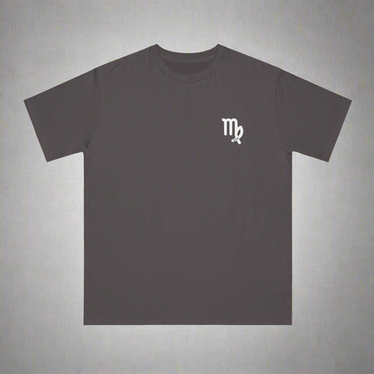 Dark gray t-shirt with a white logo on a white background