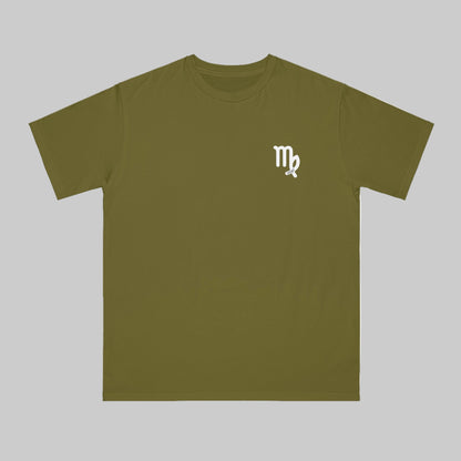 Olive green t-shirt with a white logo on a white background