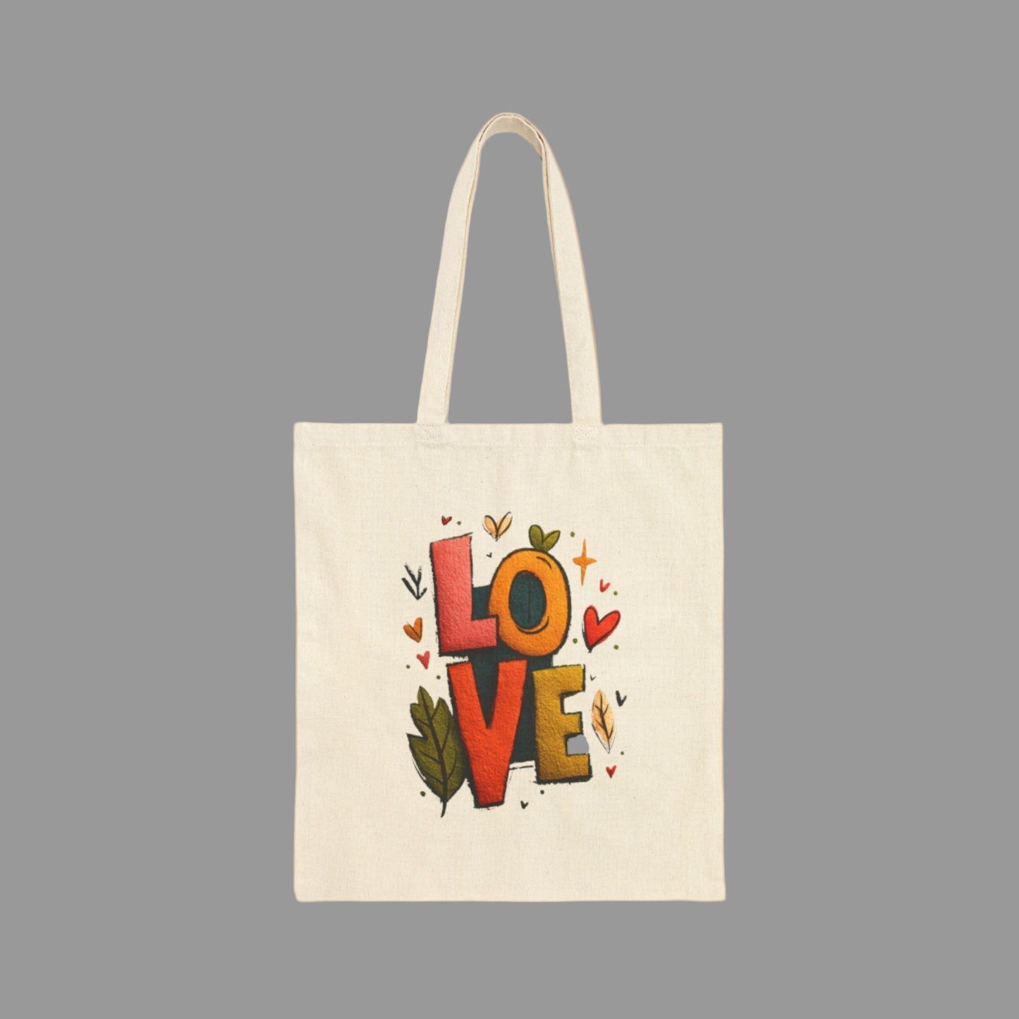 Tote bag with 'LOVE' text and decorative elements on a white background