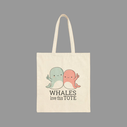 Tote bag with cartoon whales and text on a white background
