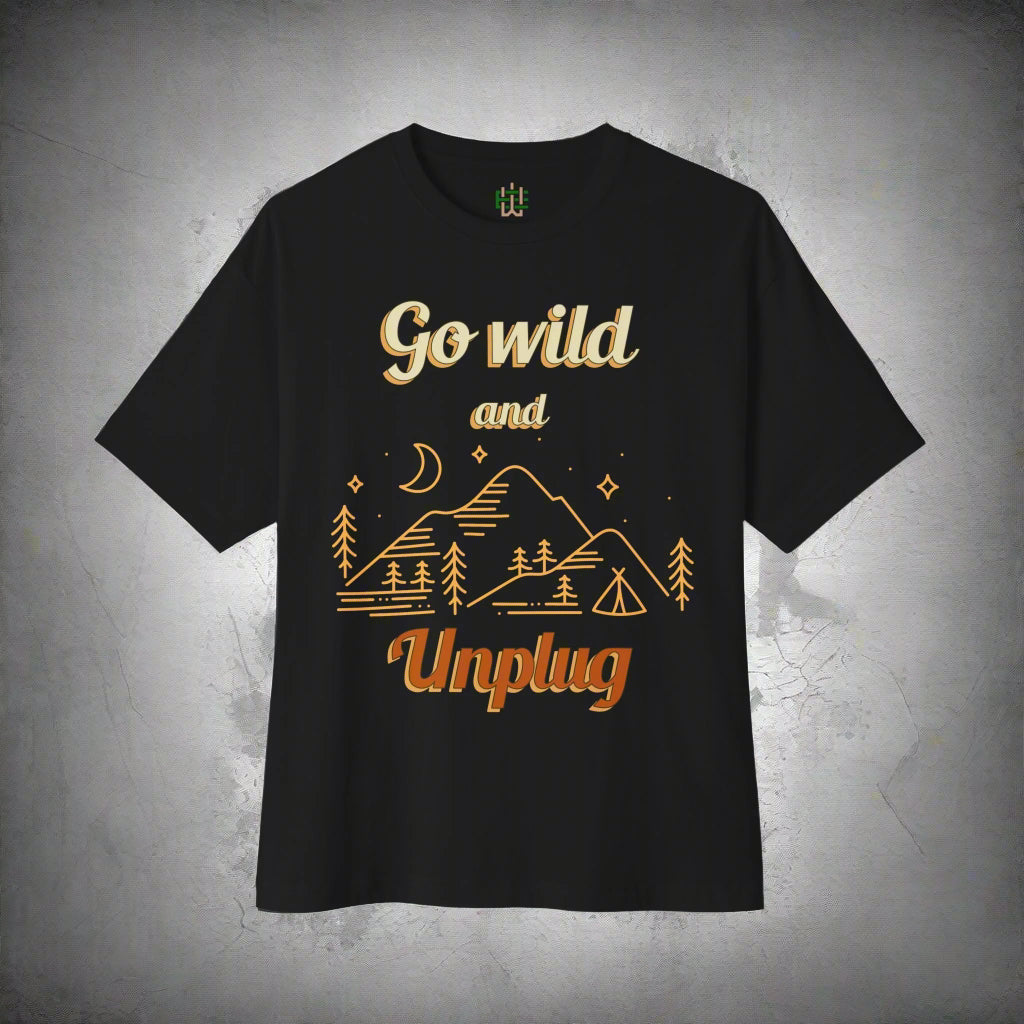 Black t-shirt with 'Go wild and Unplug' text and mountain design on a white background