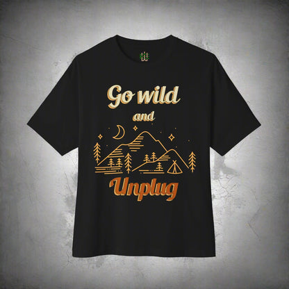 Black t-shirt with 'Go wild and Unplug' text and mountain design on a white background