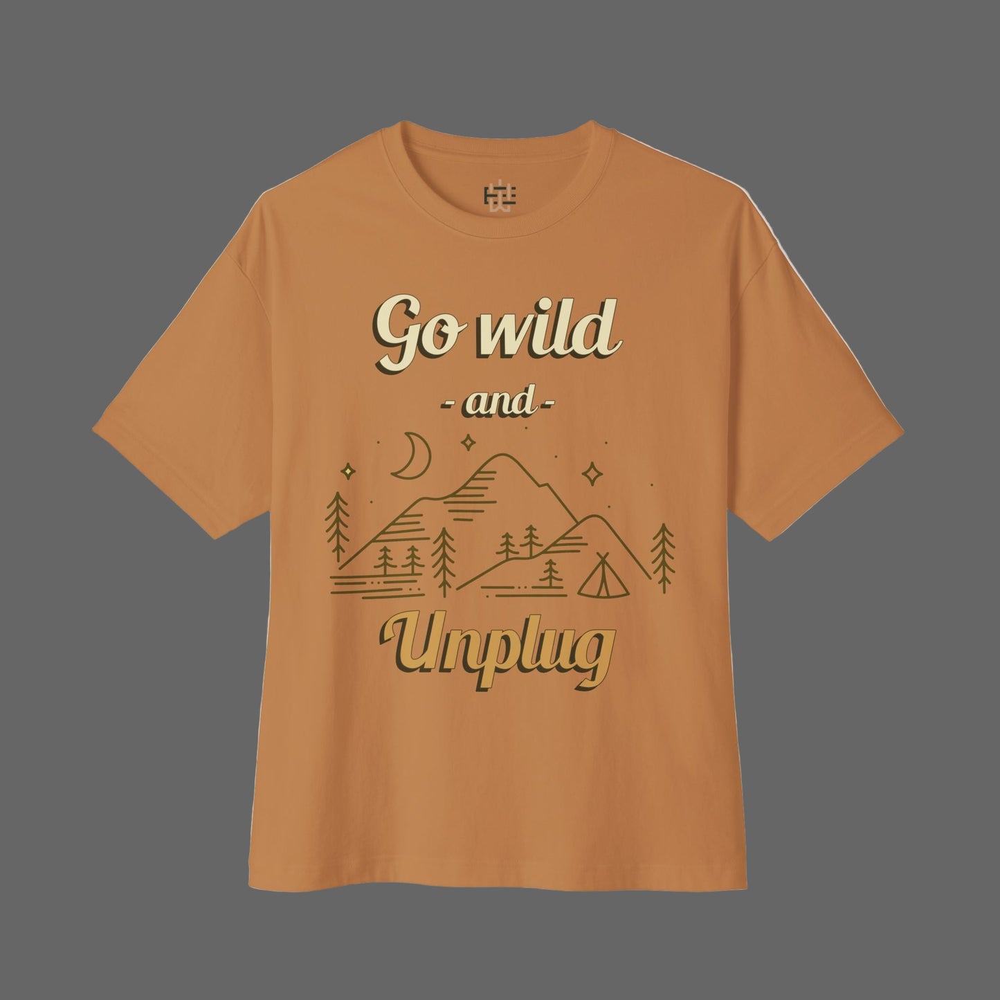 Brown t-shirt with 'Go wild and Unplug' text and mountain design on a white background