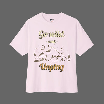 Pink t-shirt with gold text and mountain graphic on a white background