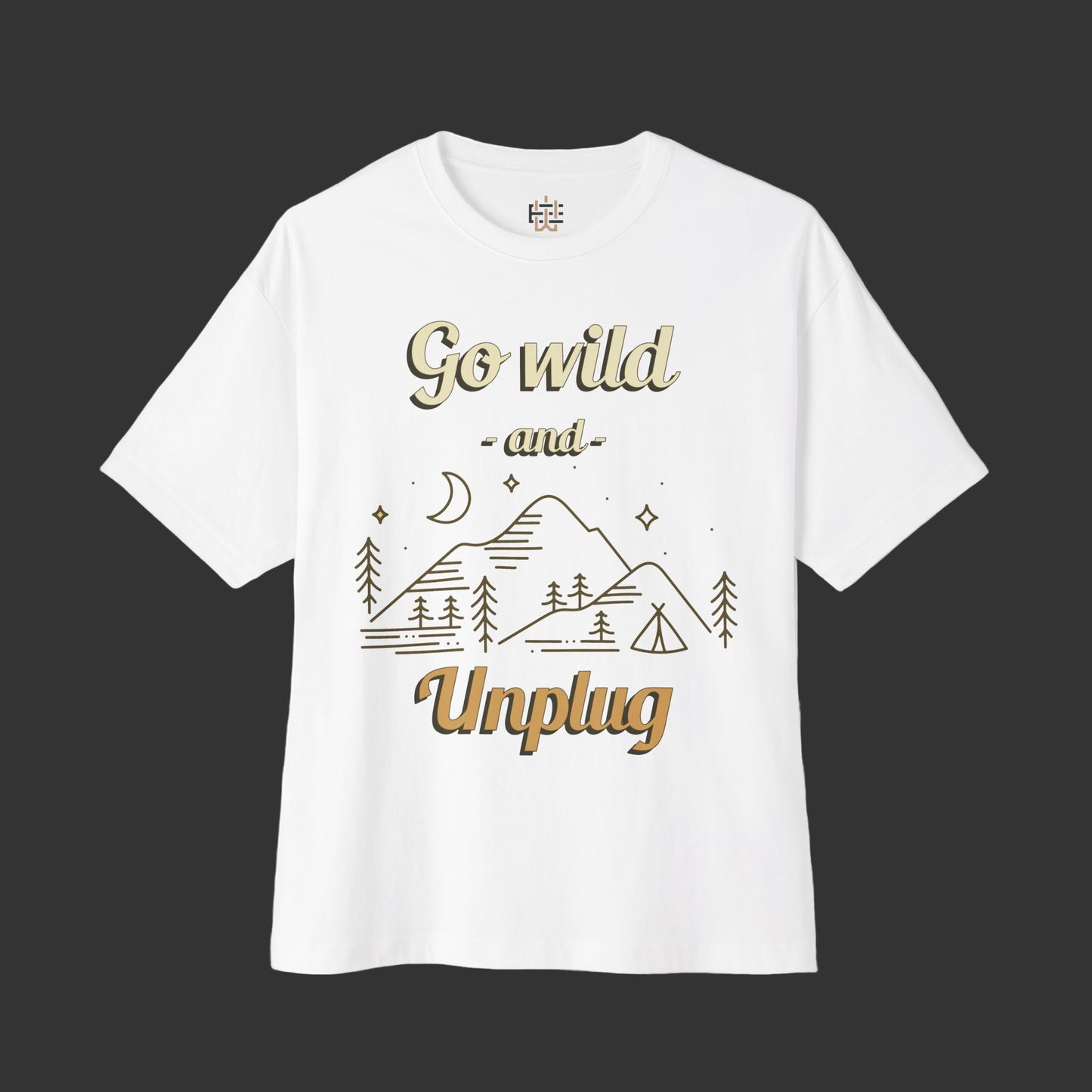 White t-shirt with gold text and graphics on a white background