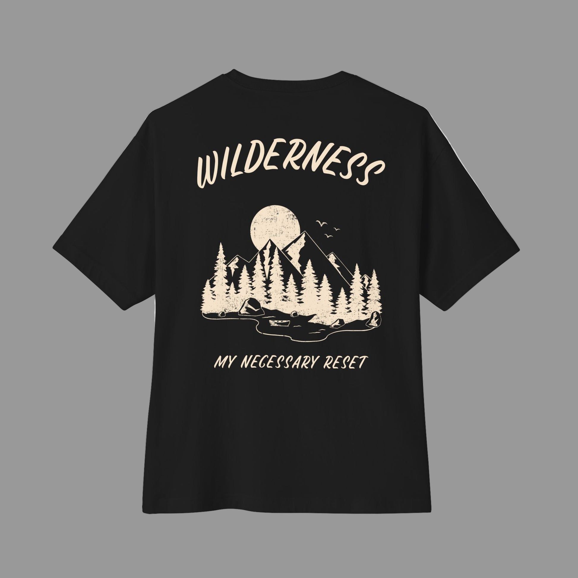 Black t-shirt with a graphic design and text on the back against a white background