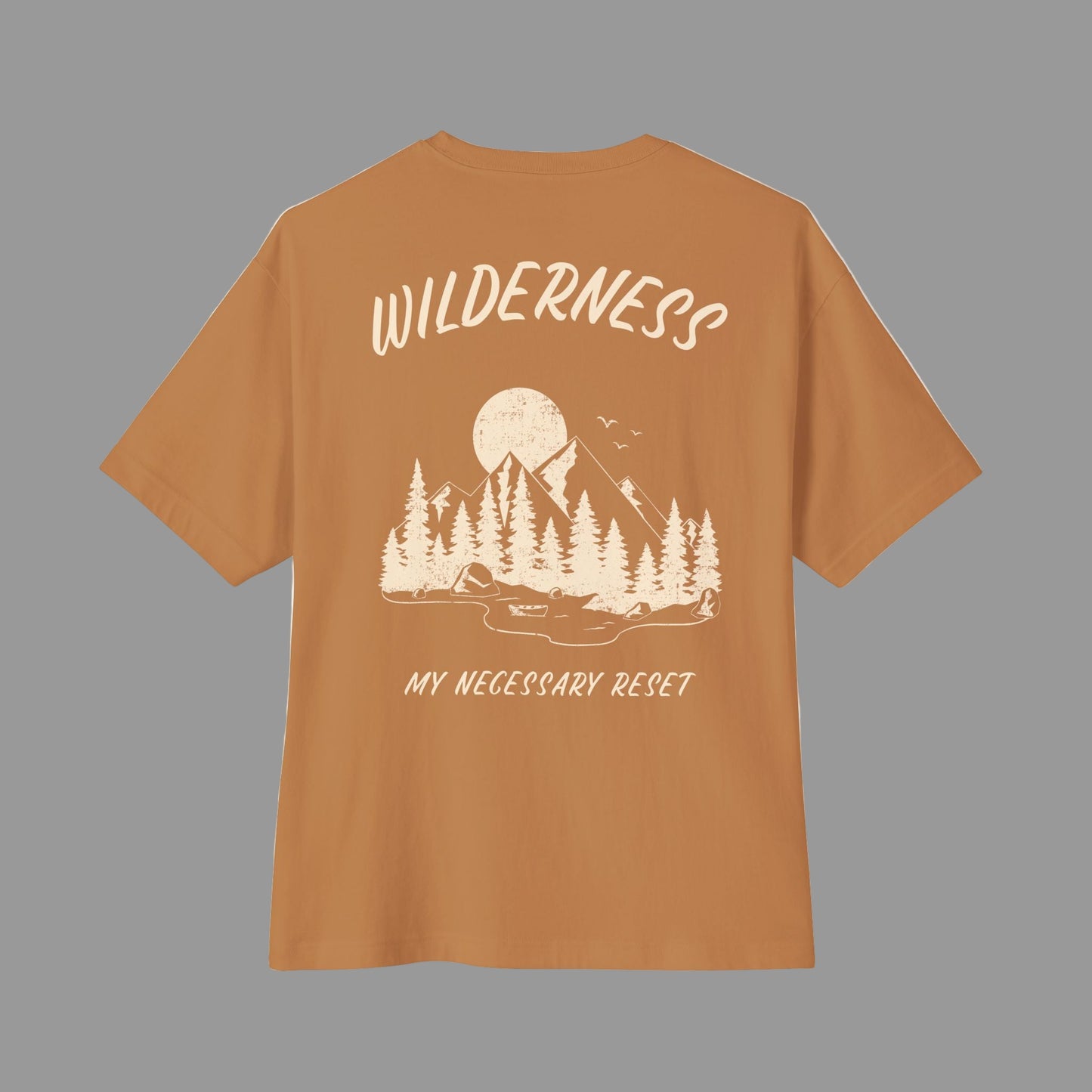 Brown t-shirt with a nature graphic and text on the back against a white background