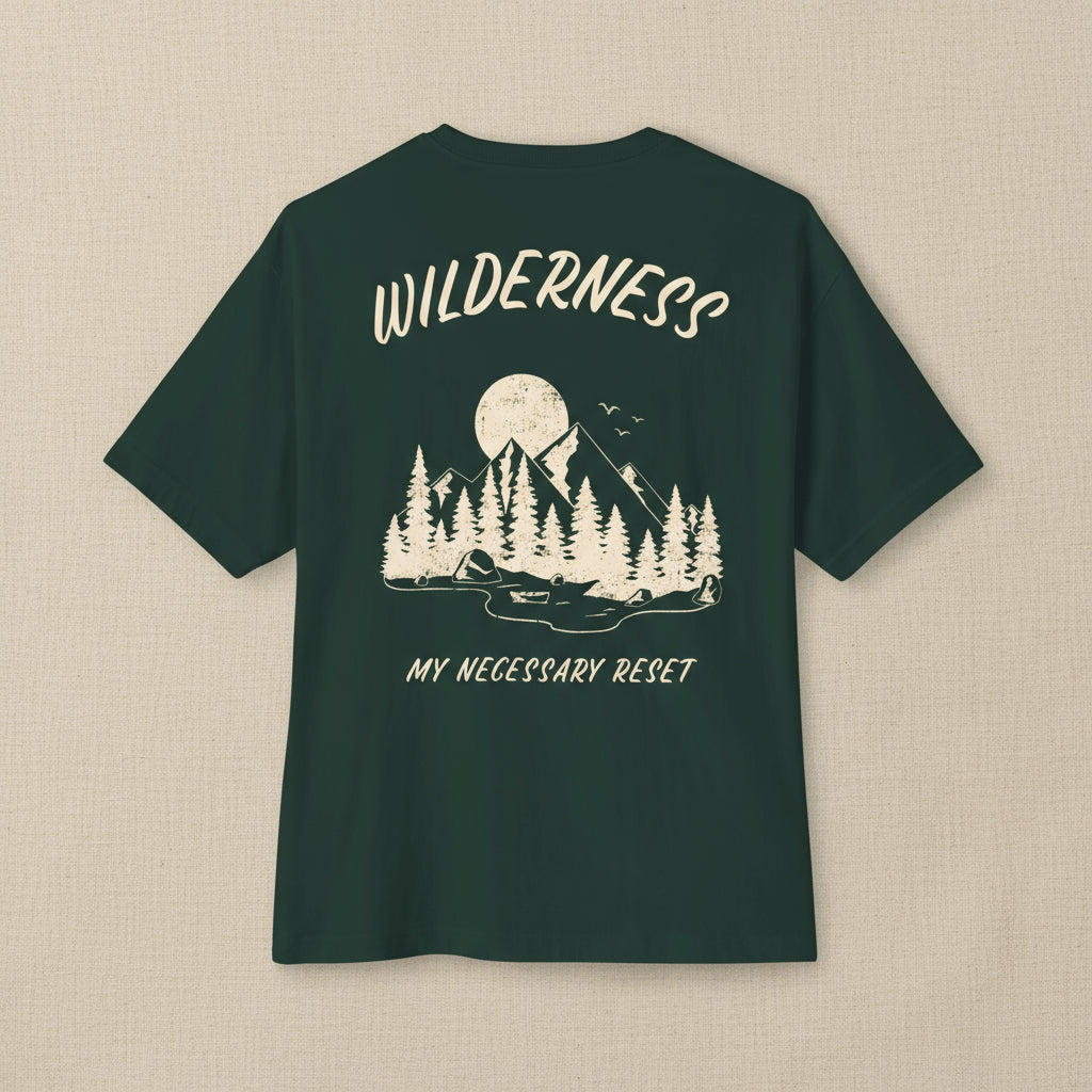 Green t-shirt with a nature-themed design and text on the back against a white background